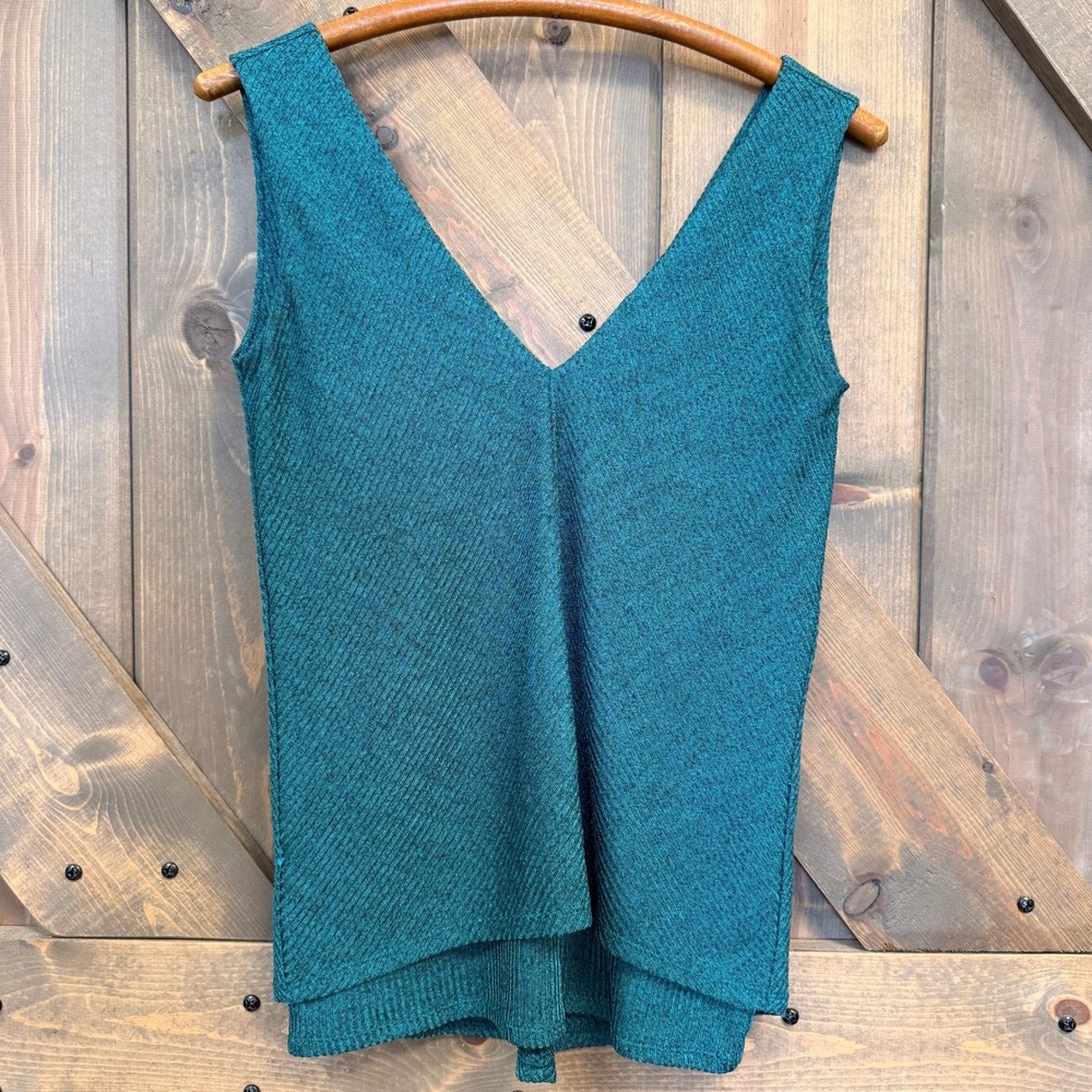 White House Black Market Tank Women XXS Teal Good Ribbed V-Neck Metallic Top